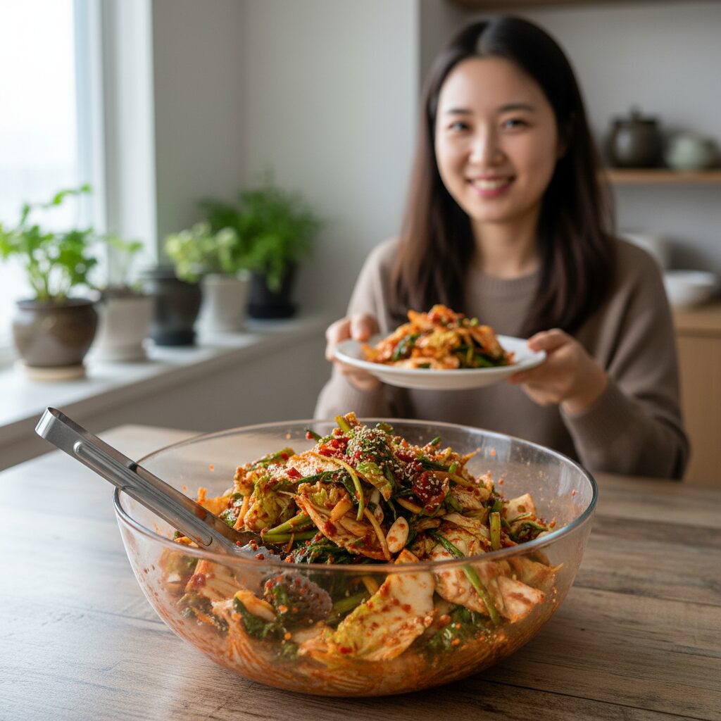 완성된 봄동겉절이가 담긴 유리보울 사진