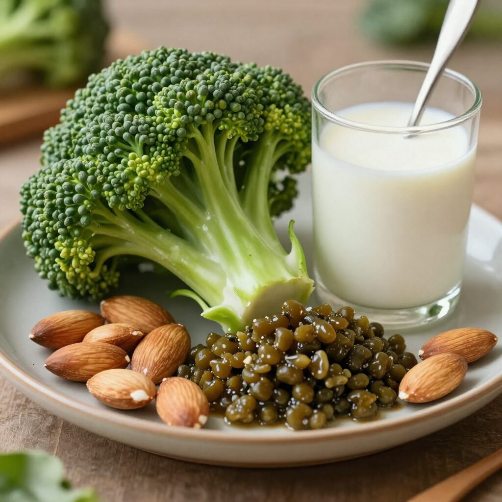 브로콜리, 연어, 우유, 아몬드 등 뼈 건강에 좋은 다양한 음식이 접시에 담긴 모습