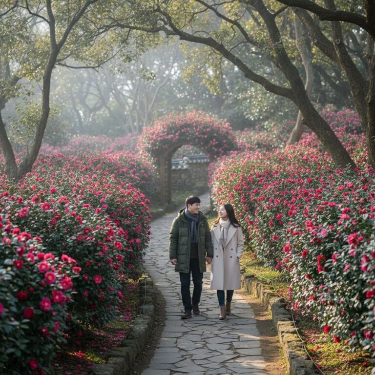 제주 카멜리아힐에 핀 붉은 동백꽃과 정원 산책로 풍경