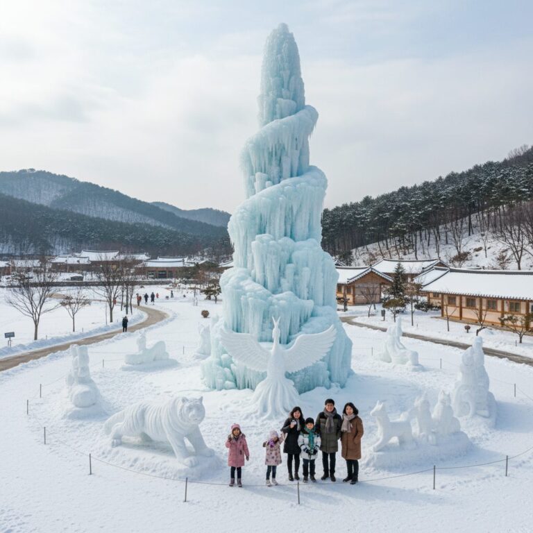 청양 알프스마을에서 높이 솟아오른 대형 얼음분수와 주변 눈 조각 작품들