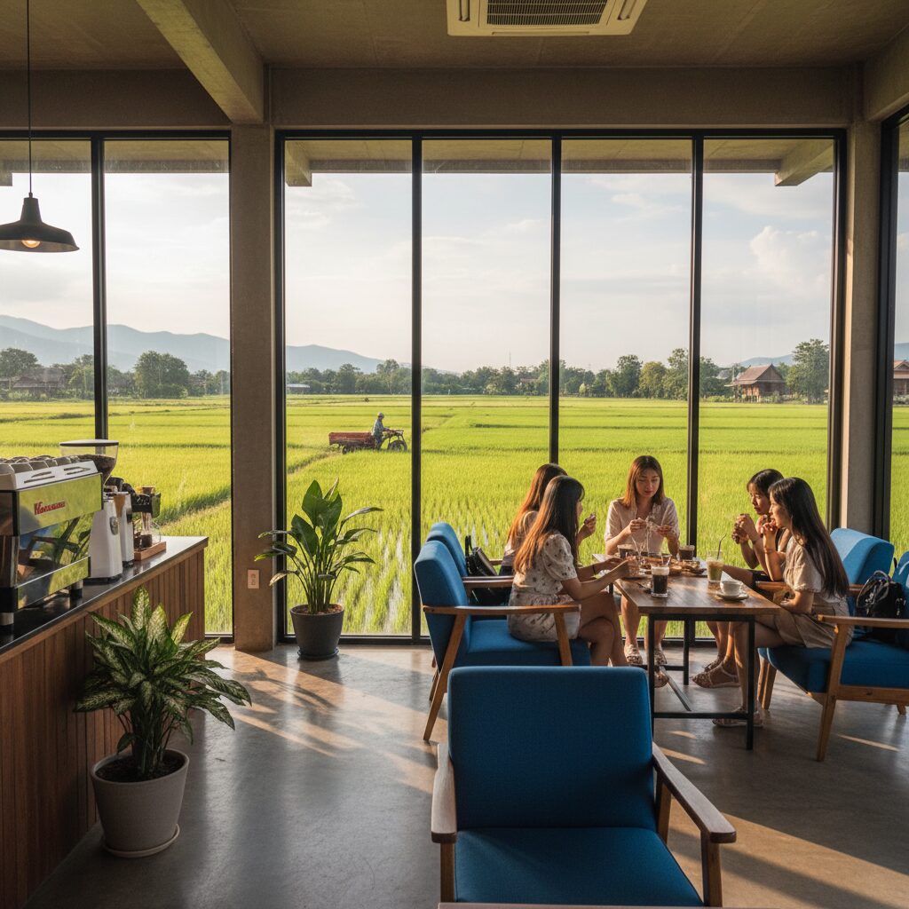 치앙마이 대학교 블루 커피 내부 인테리어와 창밖 논밭 풍경