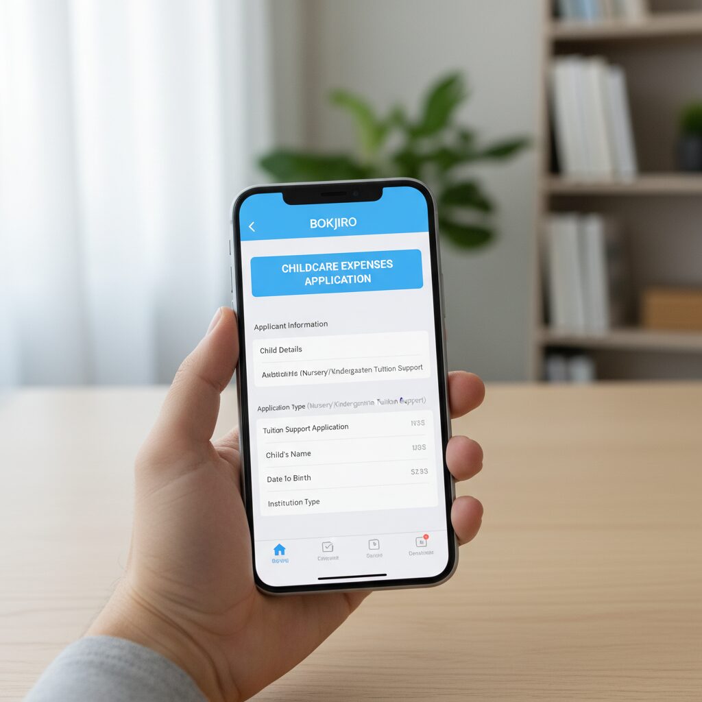 스마트폰으로 복지로 앱을 열어 유아학비 신청 화면을 보여주는 손