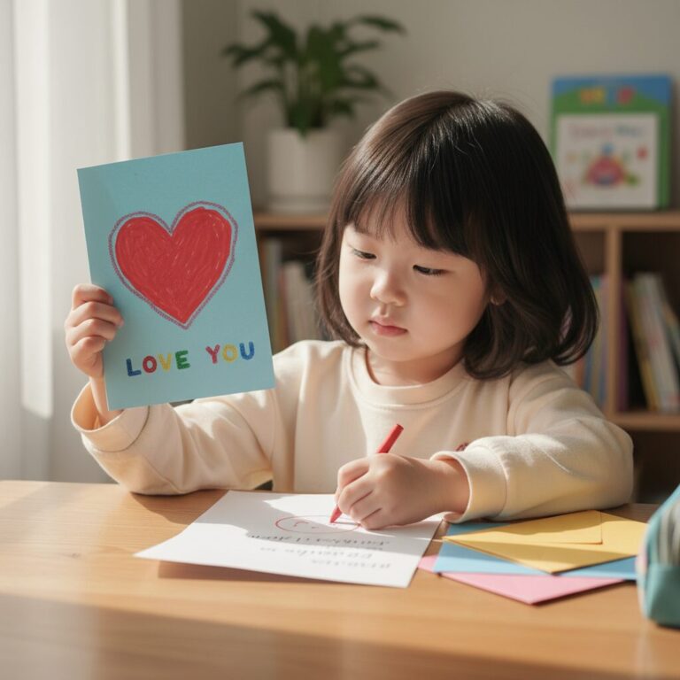 아이가 하트 그림이 그려진 카드를 들고 선생님께 줄 편지를 쓰고 있는 모습