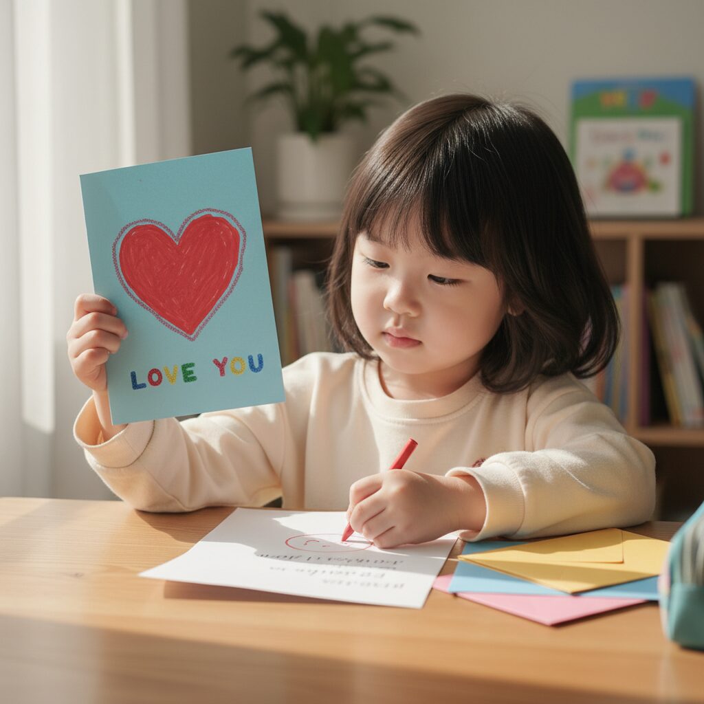 아이가 하트 그림이 그려진 카드를 들고 선생님께 줄 편지를 쓰고 있는 모습