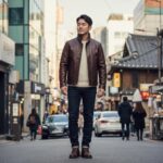 쿠어 빈티지 쉘터 넥 카라 레더 점퍼 다크브라운 착용 사진