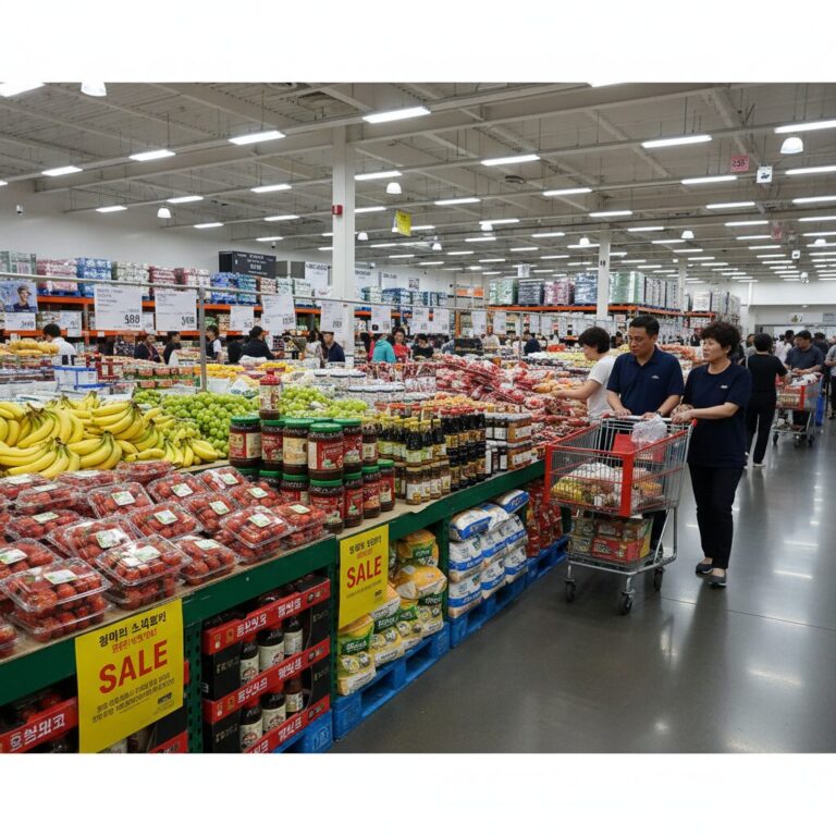 코스트코 매장 내 다양한 과일과 조미료가 진열된 할인 상품 코너