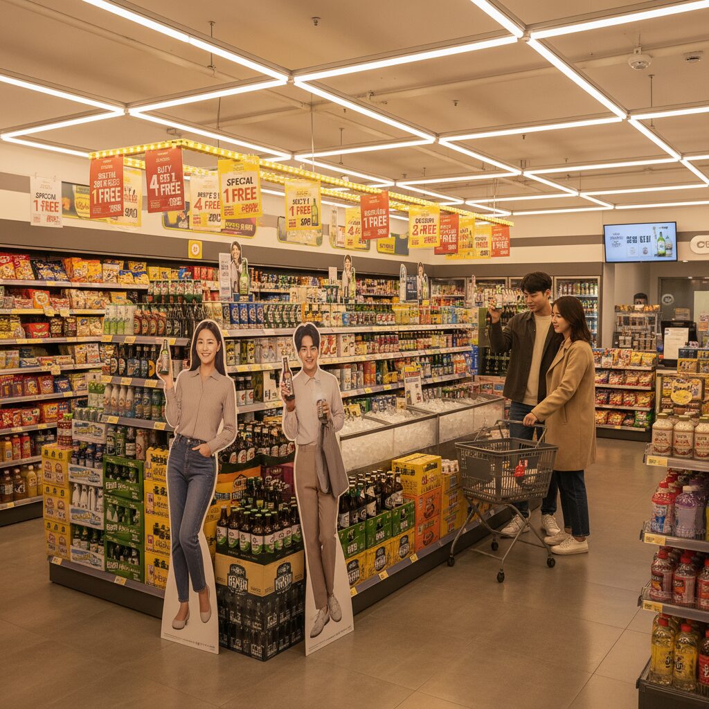 CU 편의점 내 맥주 행사 진열대 사진