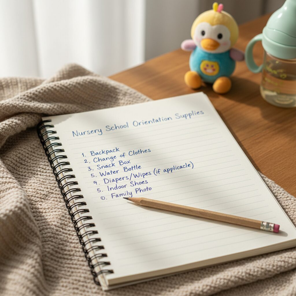 어린이집 오리엔테이션 준비물 목록이 적힌 노트와 연필