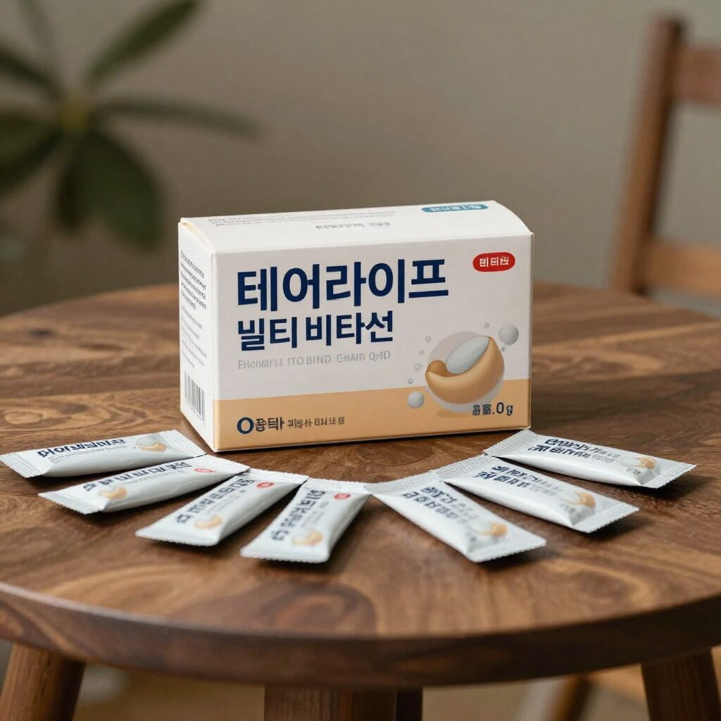 테이블 위에 놓인 데이라이프 아이 밸런스 멀티 비타민 포장 상자와 개별 포장