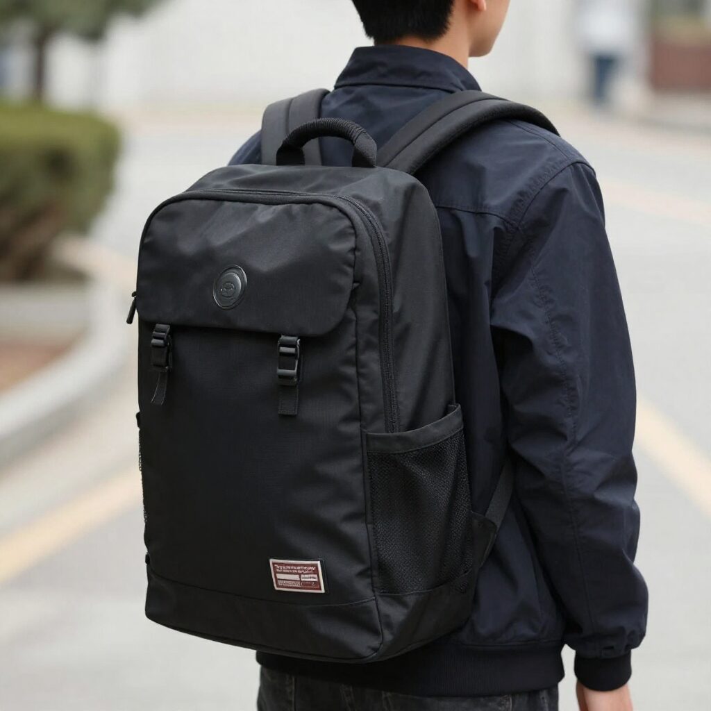 검정색 디스커버리 백팩을 등에 멘 학생의 뒷모습