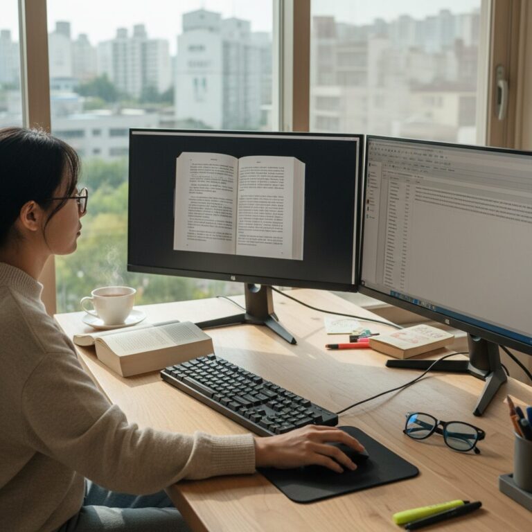 원서 번역 과정을 보여주는 데스크톱 작업 환경