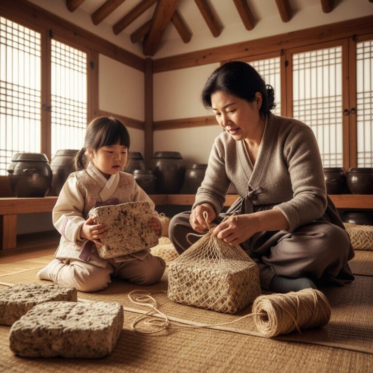 어린 아이와 함께 메주를 망사에 넣어 묶는 모습