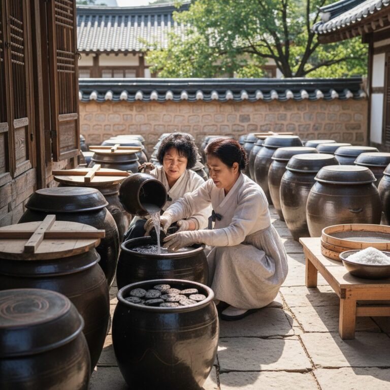 소독된 장독에 메주를 넣고 소금물을 부으며 된장을 담그는 과정