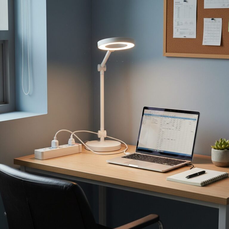 멀티탭과 탁상 스탠드가 놓인 깔끔한 기숙사 책상