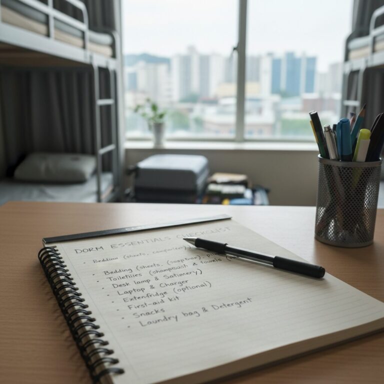 기숙사 준비물 체크리스트가 적힌 노트와 펜