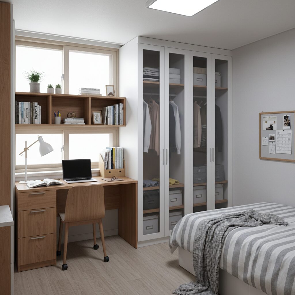 기숙사 방 안에 설치된 책상과 옷장의 효율적인 배치 모습