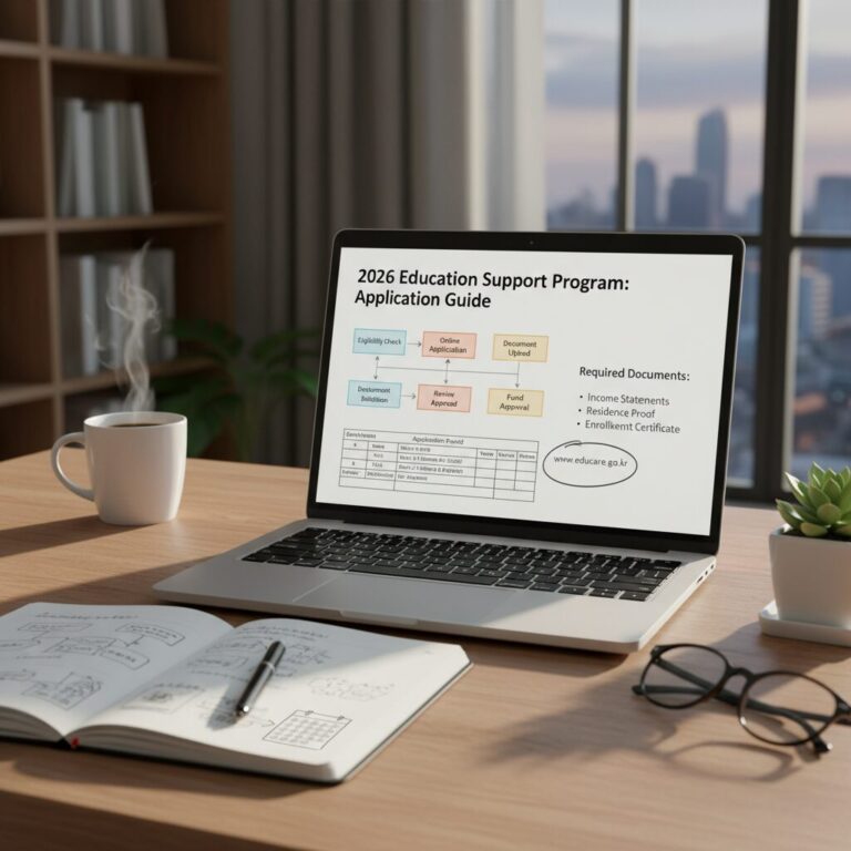 2026년 교육급여와 교육비 지원 신청 방법을 설명하는 다이어그램과 일정표가 적힌 노트북과 책상