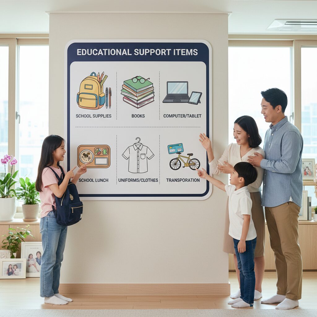 교육비 지원으로 받을 수 있는 항목들 그림으로 표시 학용품 책 컴퓨터 급식 등