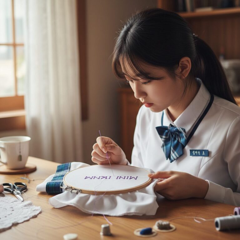 집게틀을 사용해 교복 소매에 이름 자수를 놓는 모습