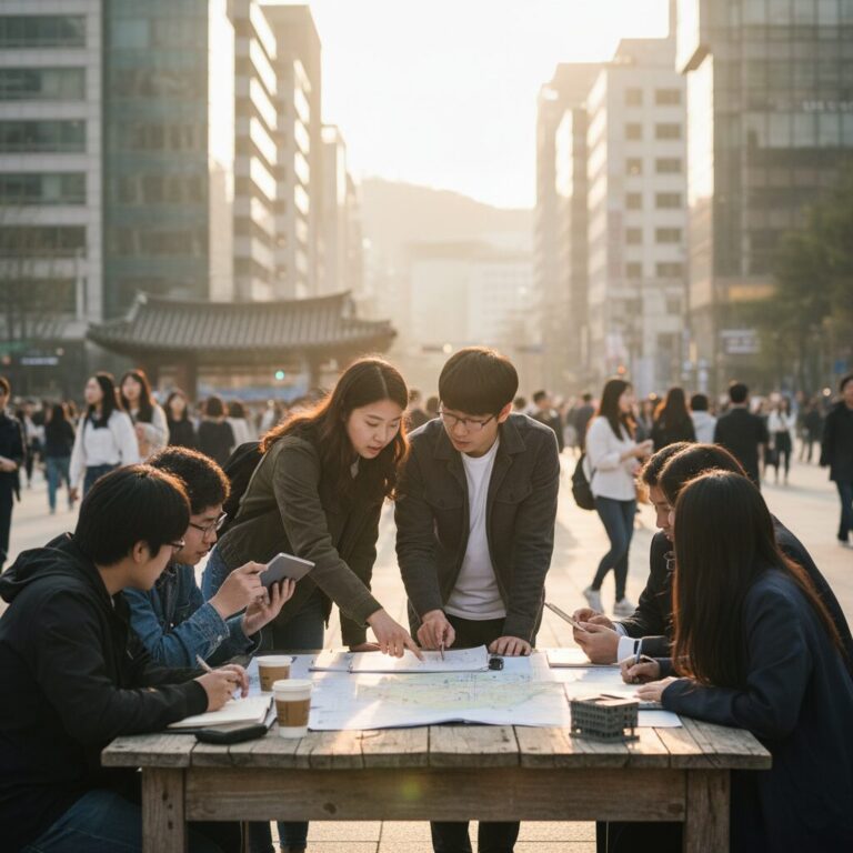 내부 칸이 구분된 패브릭 소재의 대용량 필통이 책상 위에 놓여 있는 모습