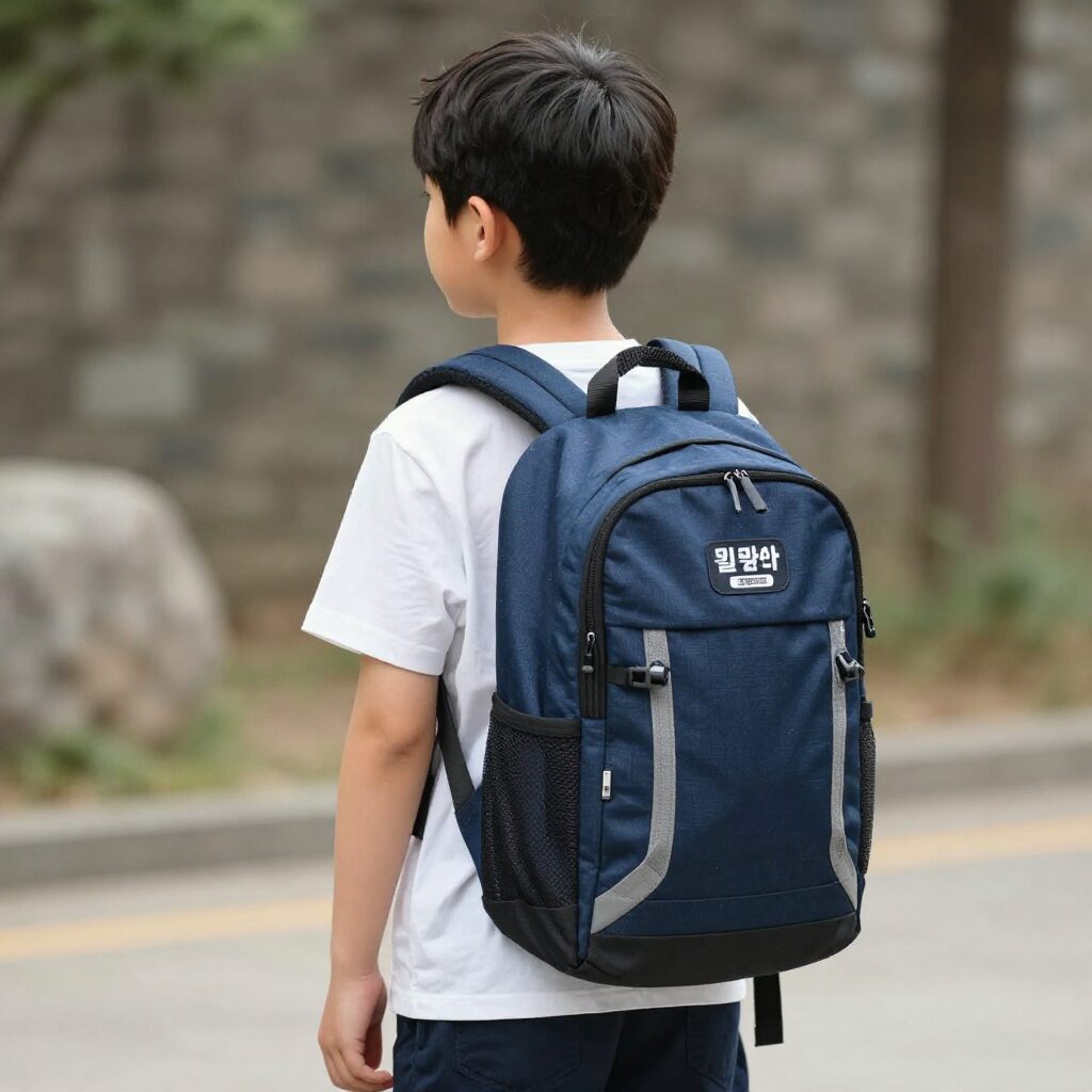 키 125cm 남자아이가 휠라키즈 듀잇백팩을 매고 있는 모습