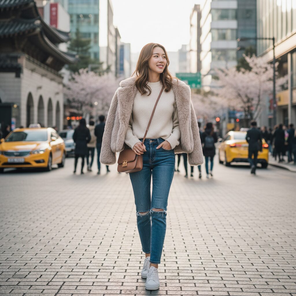 일상적인 니트와 청바지에 멋스럽게 걸쳐 입은 라이트 베이지색 퍼 자켓