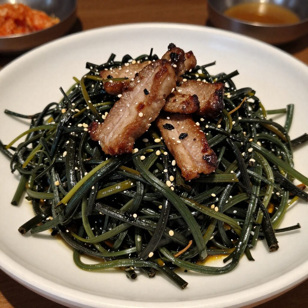 가창 미나리 식당에서 구워지는 싱싱한 미나리와 삼겹살