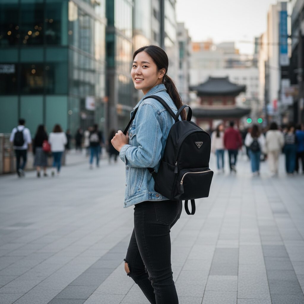 김길리 선수가 캐주얼한 옷차림에 프라다 백팩을 멘 모습
