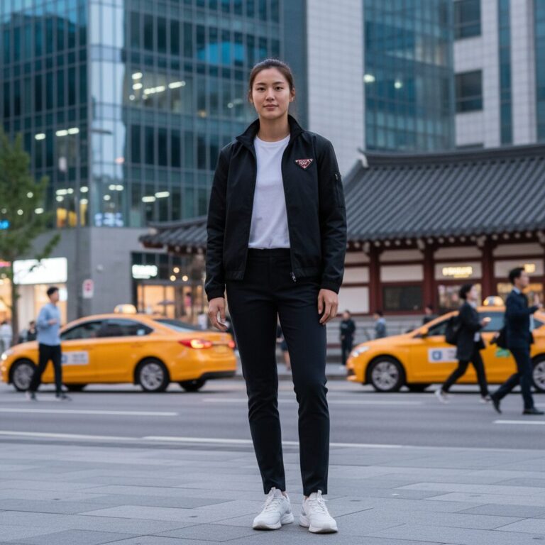 김길리 선수가 프라다 리나일론 재킷을 입고 있는 모습