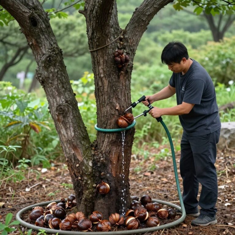 산속에서 고로쇠나무에 호스를 연결해 수액을 채취하는 장면