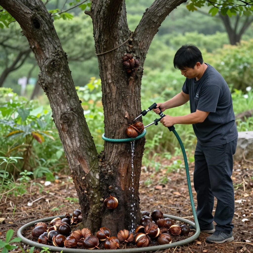 산속에서 고로쇠나무에 호스를 연결해 수액을 채취하는 장면