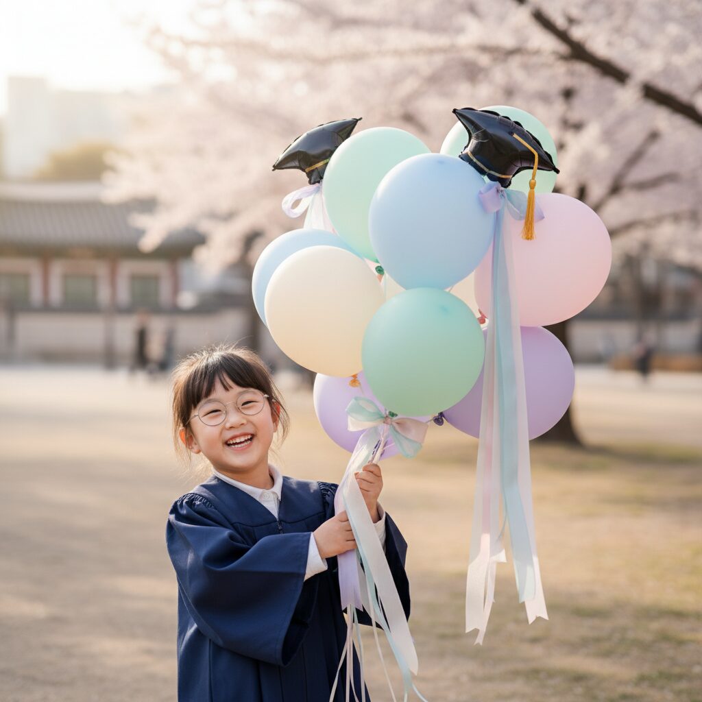 파스텔톤 풍선과 리본 학사모 장식이 있는 졸업식 풍선꽃다발을 들고 웃는 아이