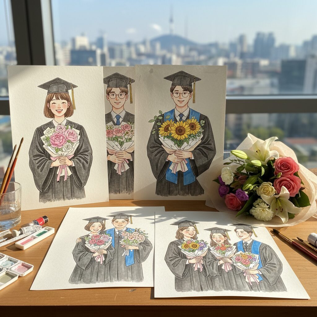 졸업 모자를 쓴 다양한 캐릭터와 꽃다발이 그려진 일러스트 모음