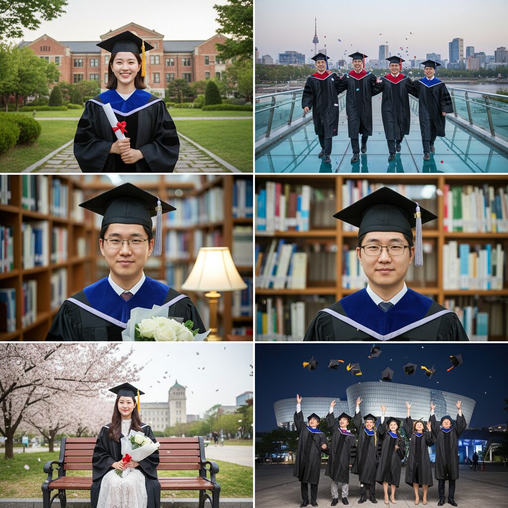 학사모와 리본을 착용한 다양한 졸업 사진 스타일