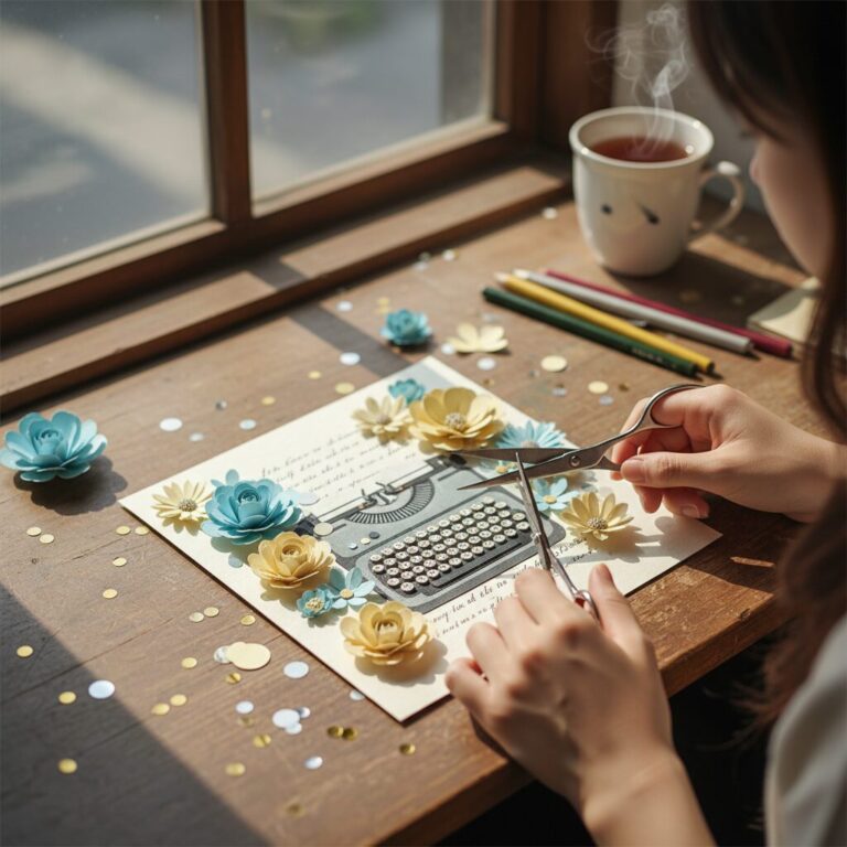손으로 만드는 졸업 축하 카드 예시, 타자기와 꽃 모양의 종이 조각으로 꾸며진 카드