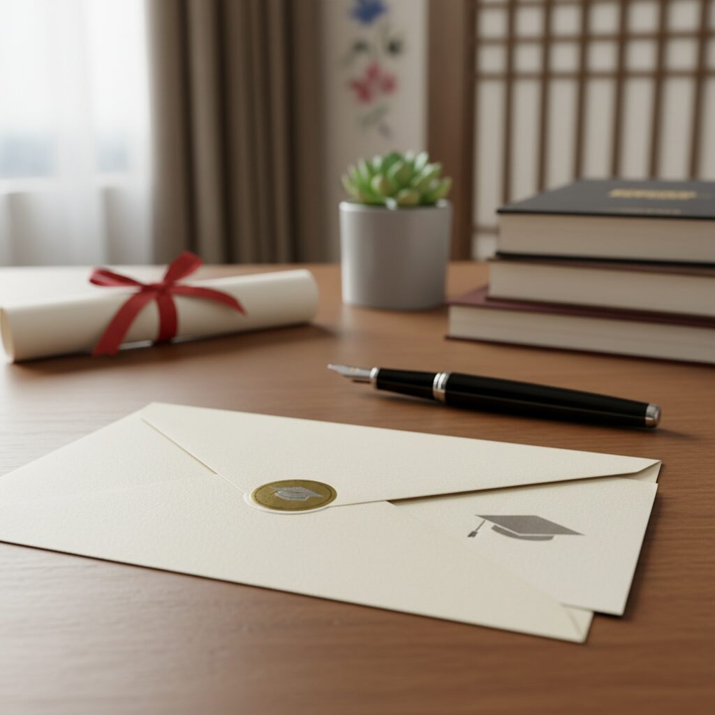 졸업 감사 인사 카드가 담긴 봉투와 펜이 책상 위에 놓여 있음