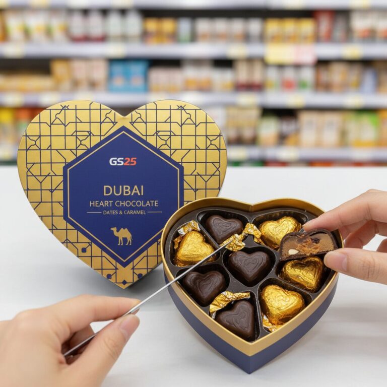 GS 편의점 두바이 하트 초콜릿 포장과 잘라낸 단면 사진