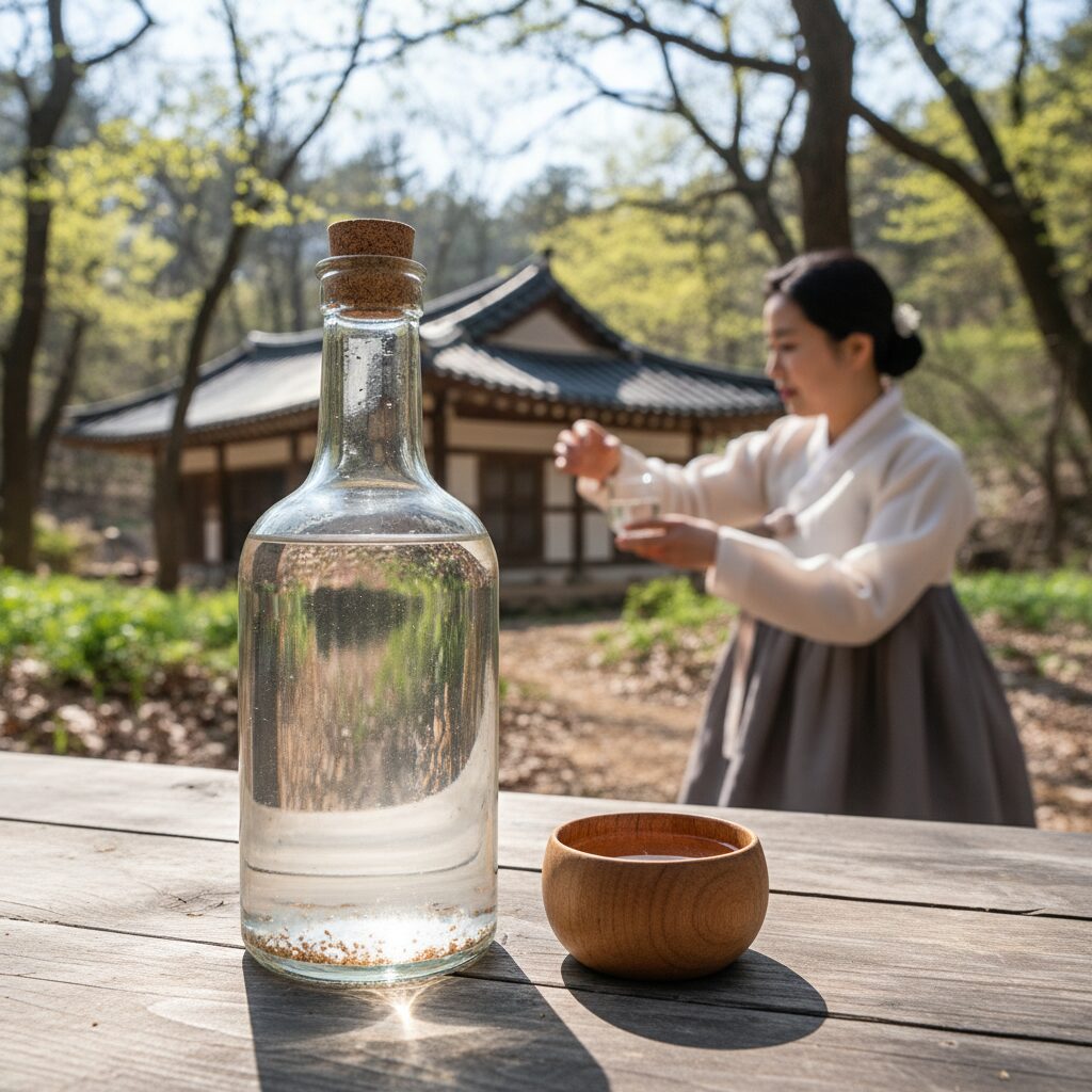 유리병에 담긴 맑은 고로쇠물 자연 수액