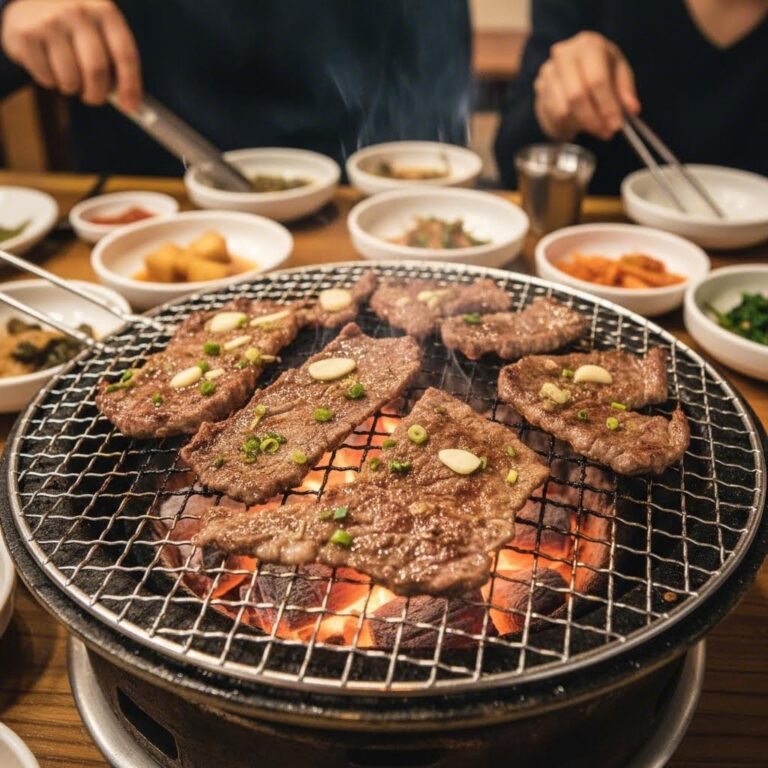 참숯 위에서 지글지글 구워지는 광양불고기