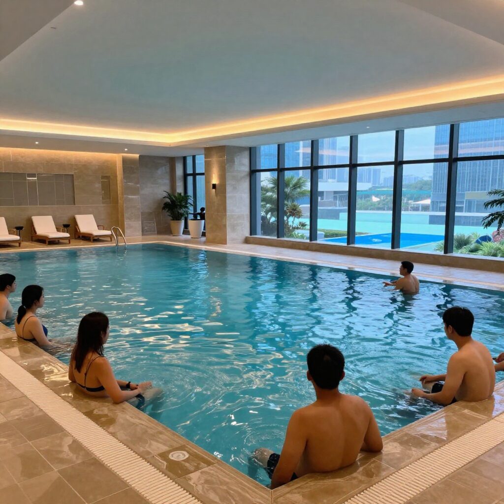 경주 힐튼 호텔 실내 수영장 전경, 자쿠지와 투숙객들이 편안하게 쉬고 있는 모습