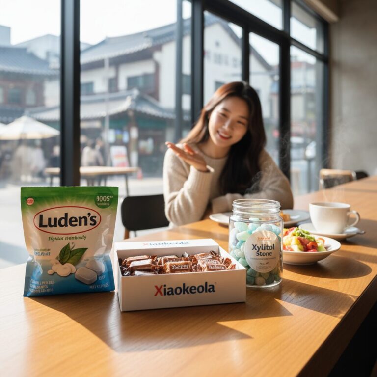 건강을 고려한 다양한 캔디 루덴스 샤오커오라 자일리톨스톤이 나란히 놓여 있음