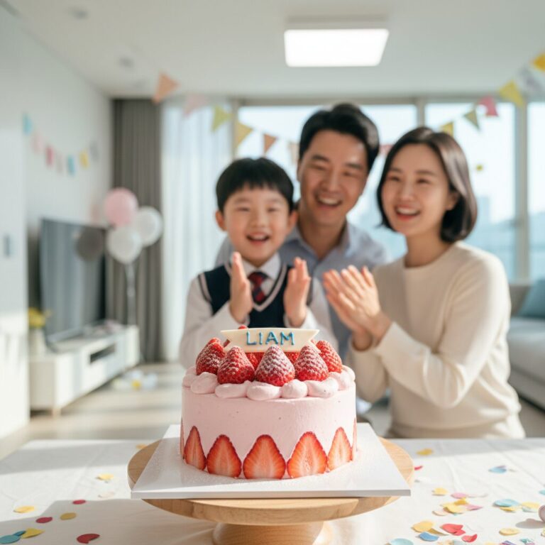 초등학교 입학 축하용 미니 딸기 케이크, 아이 이름이 레터링되어 있음