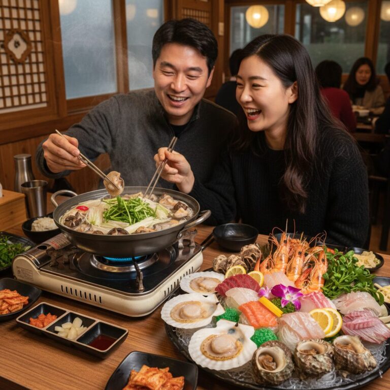 홍성 남당항 새조개 샤브샤브 냄비와 다양한 해산물 접시