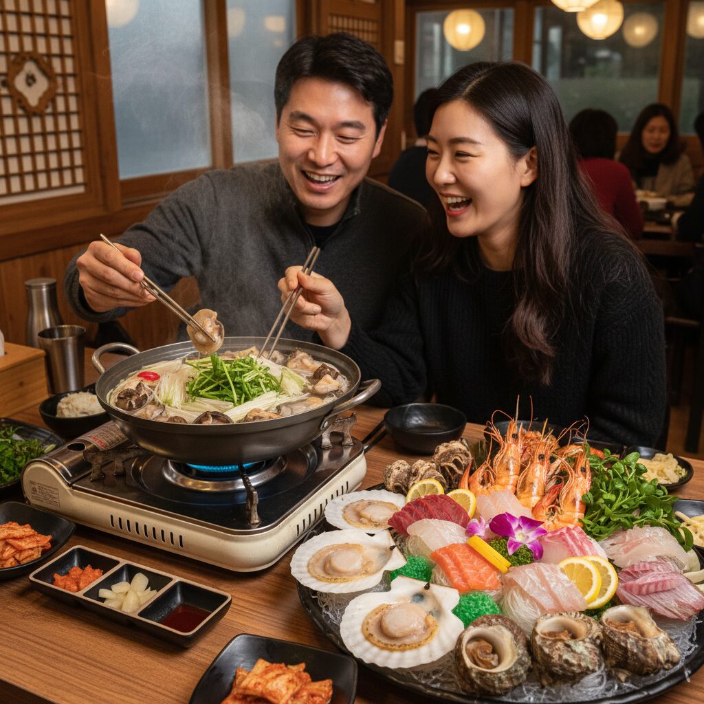 홍성 남당항 새조개 샤브샤브 냄비와 다양한 해산물 접시