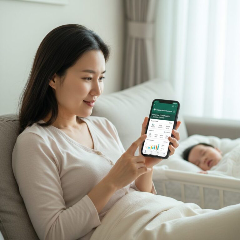 휴대폰으로 건강보험 앱을 열어 영유아검진 결과를 확인하는 모습