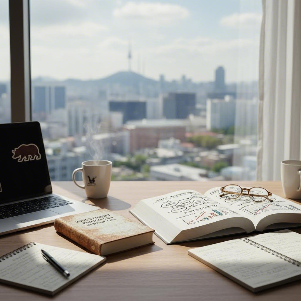 생활속의 증권투자론 책과 투자 개념을 설명하는 다이어그램이 놓인 책상