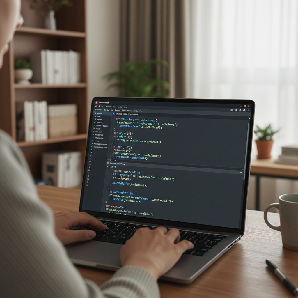 자바스크립트에서 undefined를 확인하는 다양한 코드 예시가 적힌 노트북 화면