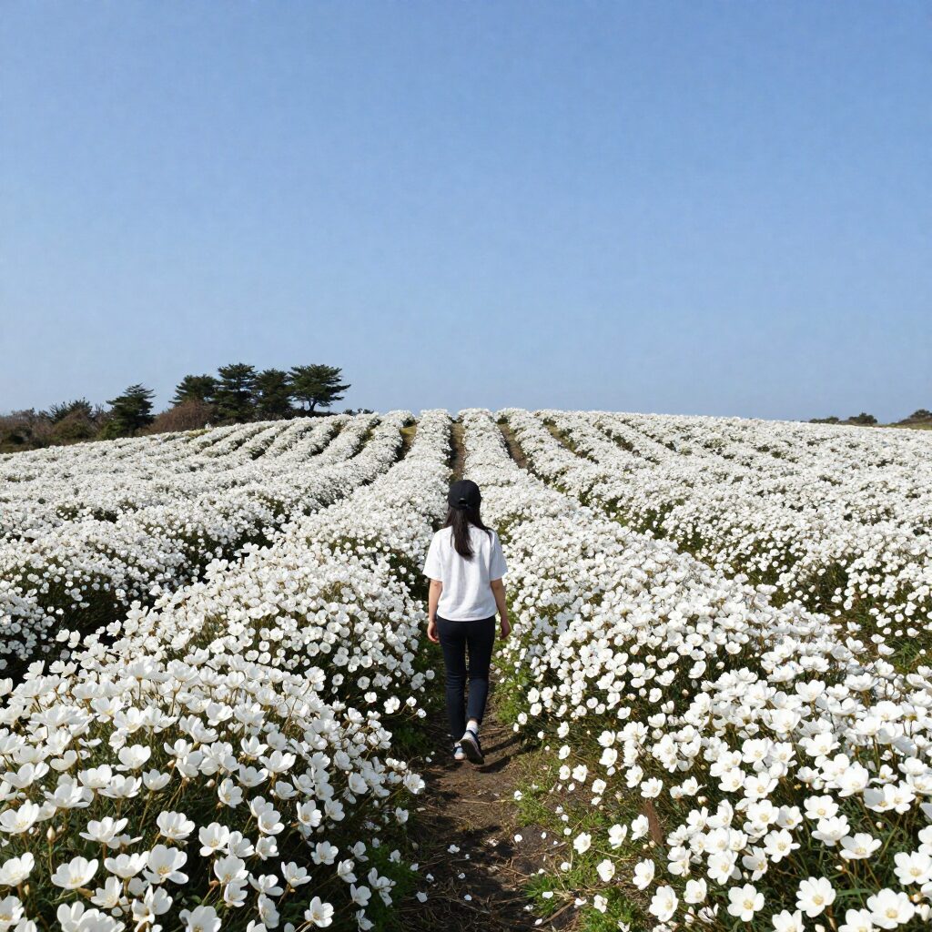 이른 봄 제주 유채꽃 밭과 하늘 배경