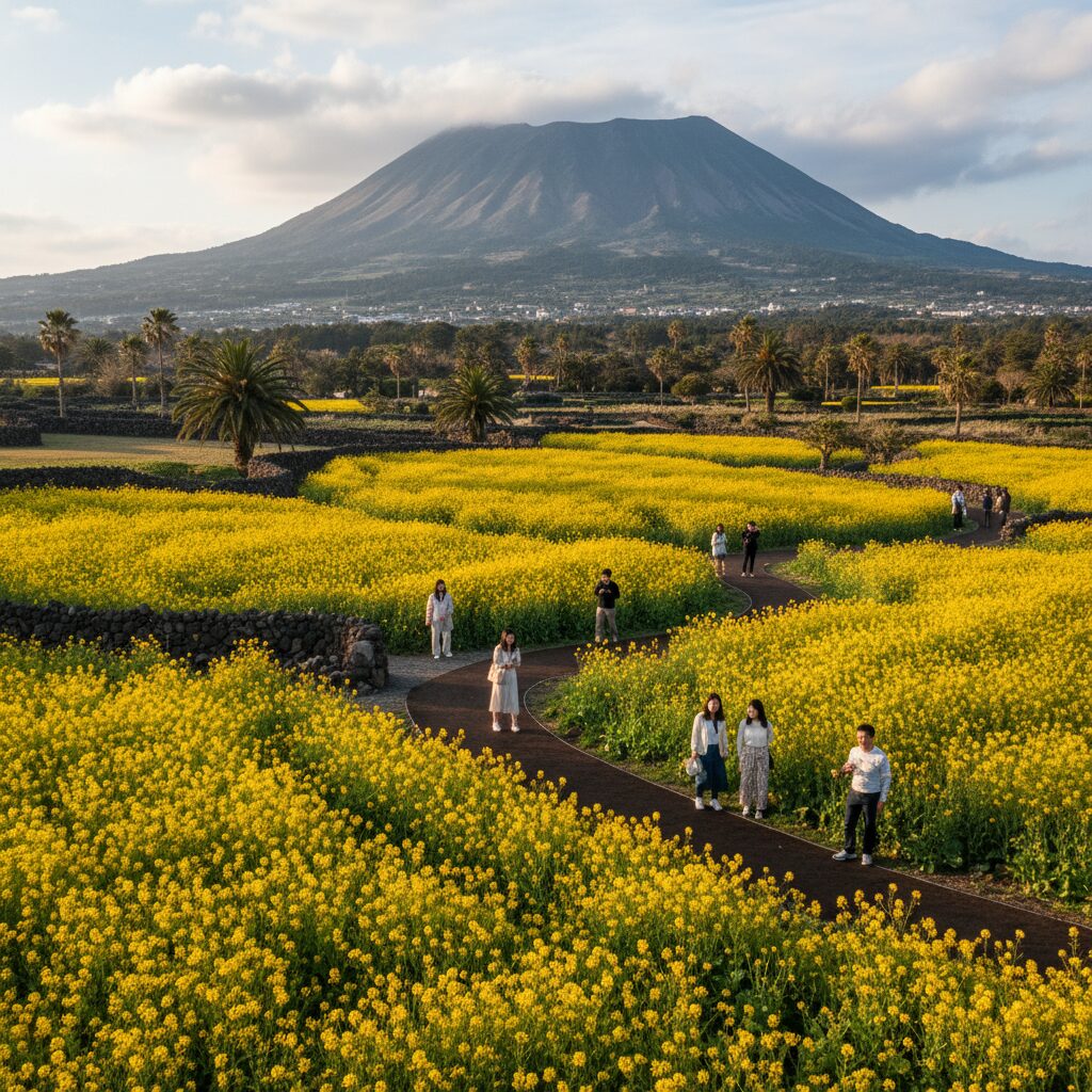 제주 휴애리 자연생활공원의 유채꽃밭과 뒤편의 한라산 풍경