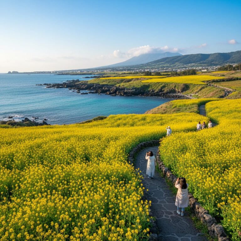3월 제주도 유채꽃이 만발한 풍경과 에메랄드 빛 바다
